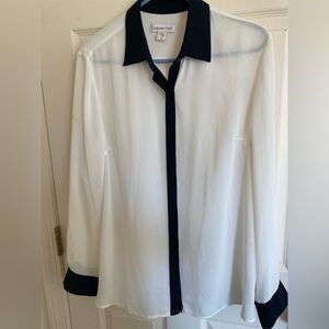 Coldwater Creek cream colored blouse with Black Trim